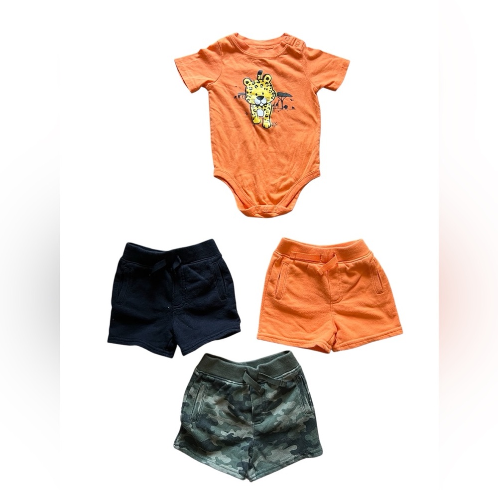 Garanimals Baby Boy Orange Cheetah Onesie and 3 Shorts Bundle| 12M
